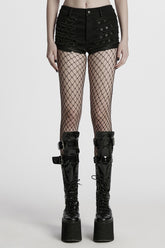 Black Stitching Mesh Distressed Women's Punk Shorts